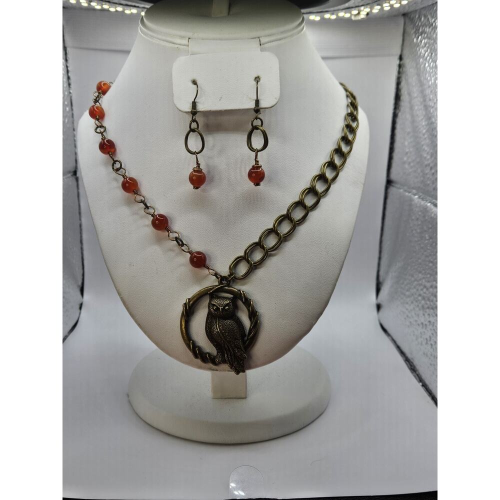 OWL DESIGNED PENDANT w/Carnelian Gemstones Bronze baccent NECKLACE & Earring Set